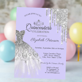 Silver Glitter Klänning, Dryper  Lila Quinceañera  Inbjudningar