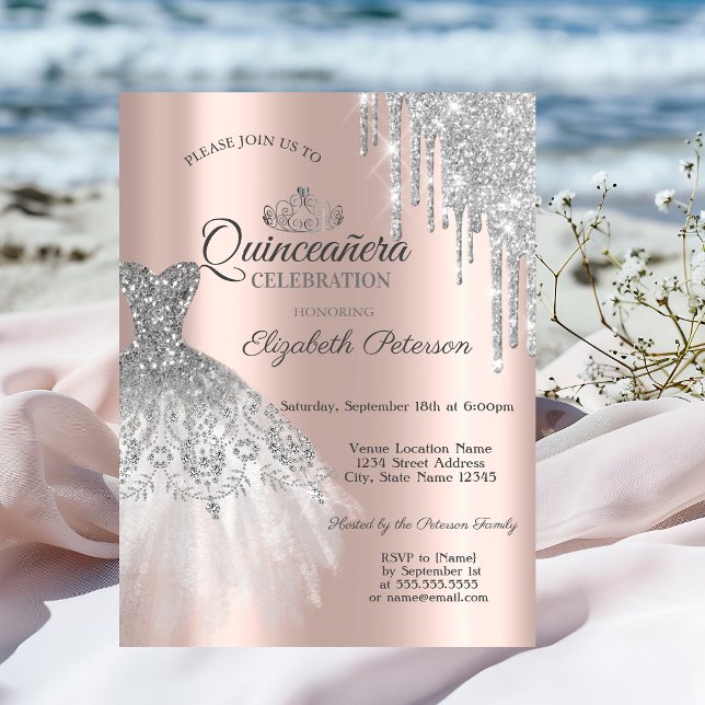 Silver Glitter Klänning, Dryper Rose Gold Quinceañ Inbjudningar (Skapare uppladdad)