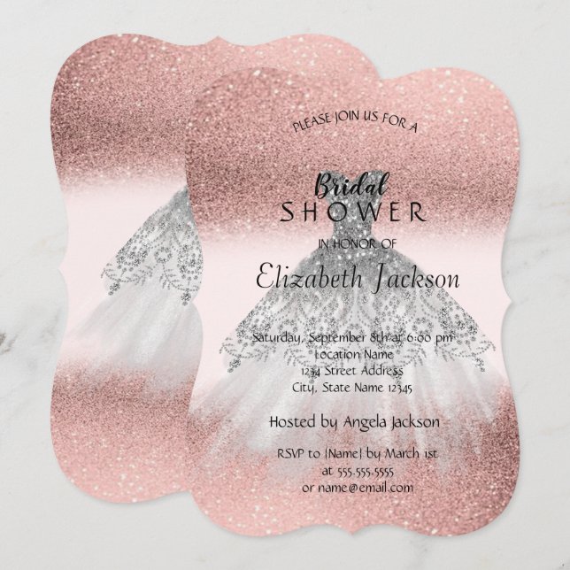 Silver Glitter Klänning Rose Guld Bröllopsfest Inbjudningar (Fram/baksida)