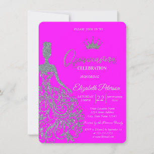 Silver Glitter Klänning Tiara Fuschia Quinceanera Inbjudningar