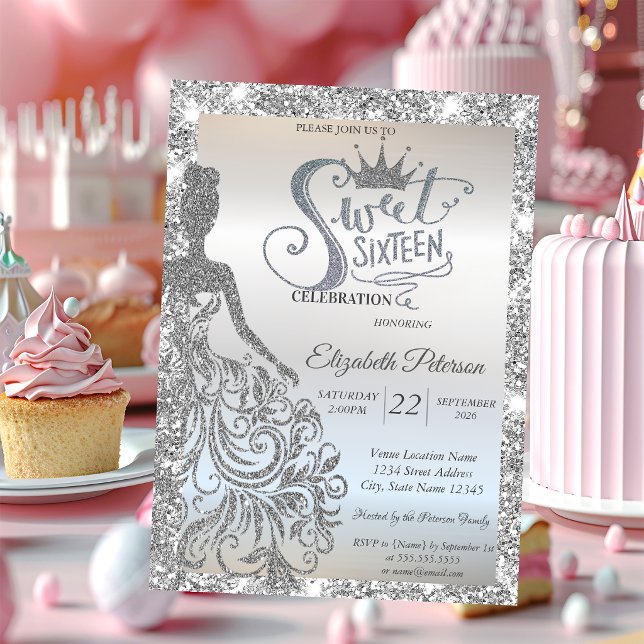 Silver Glitter Klänning, Tiara Glitter Sweet 16  Inbjudningar (Skapare uppladdad)