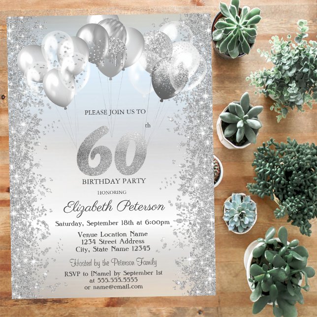 Silver Glitter Konfetti-ballonger 60:e födelsedag Inbjudningar (Skapare uppladdad)