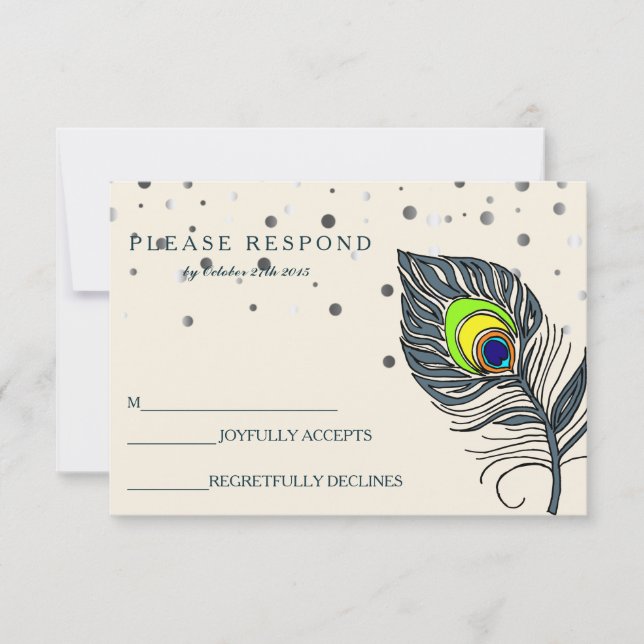Silver Glitter Konfetti Påfågel Fjäder Blå RSVP OSA Kort (Framsida)