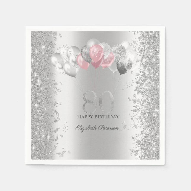 Silver Glitter Konfetti Rosa Ballonger 80-årsfiran Pappersservett (Framsidan)