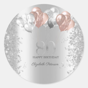 Silver Glitter Konfetti Rosa Ballonger 80-årsfiran Runt Klistermärke