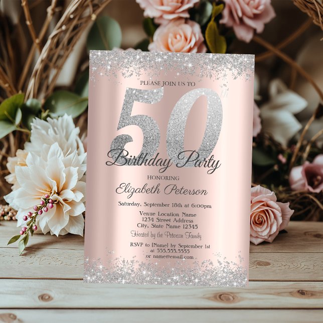Silver Glitter Konfetti Rose Gold 50-årsdag  Inbjudningar (Skapare uppladdad)