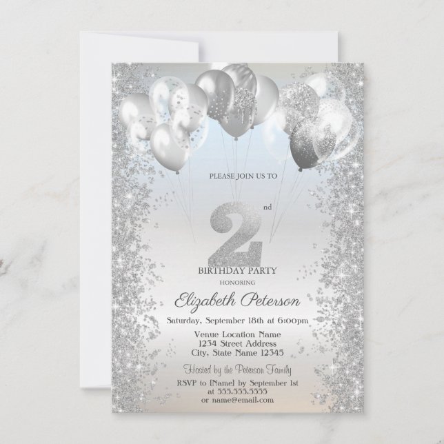 Silver Glitter Konfettiballonger 2-årsdag Inbjudningar (Framsida)