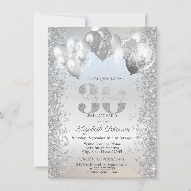 Silver Glitter Konfettiballonger 30-års Födelsedag Inbjudningar (Framsida)