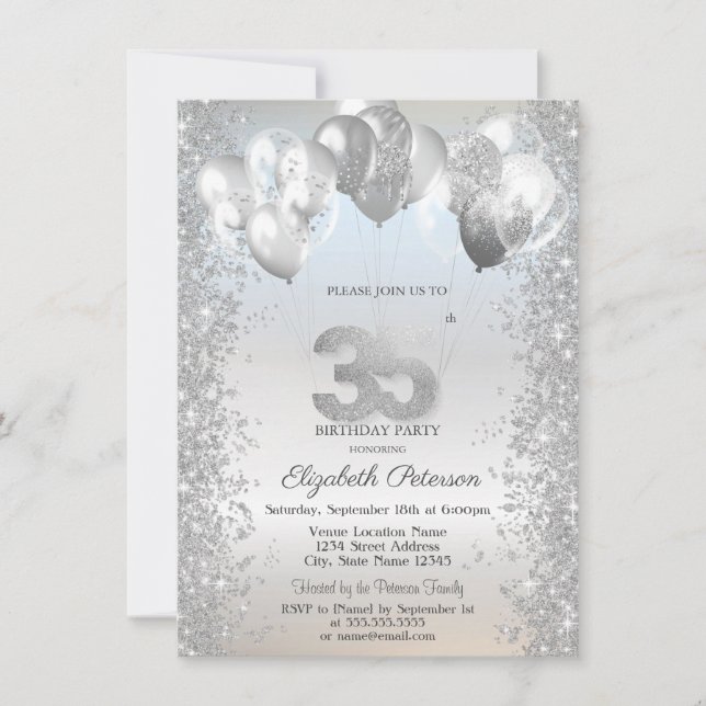 Silver Glitter Konfettiballonger 35-årsdag Inbjudningar (Framsida)