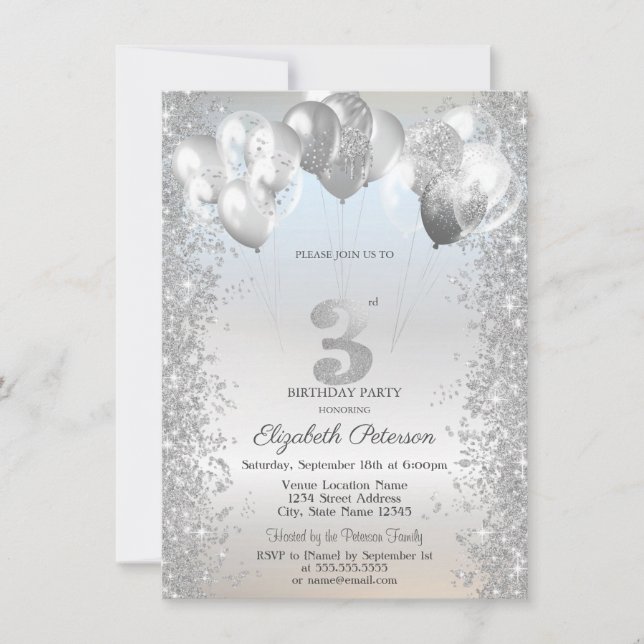 Silver Glitter Konfettiballonger 3-årsdag Inbjudningar (Framsida)