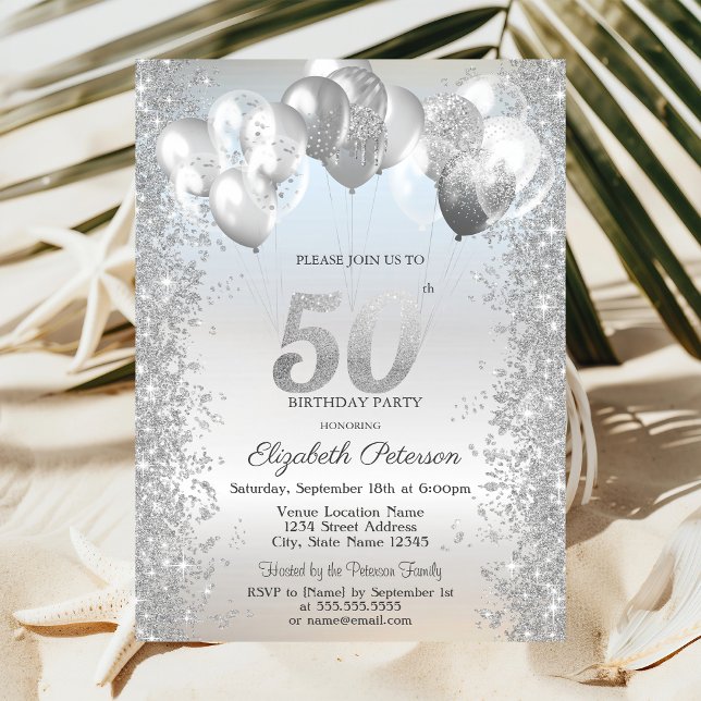 Silver Glitter Konfettiballonger 50-årsdag Inbjudningar (Skapare uppladdad)
