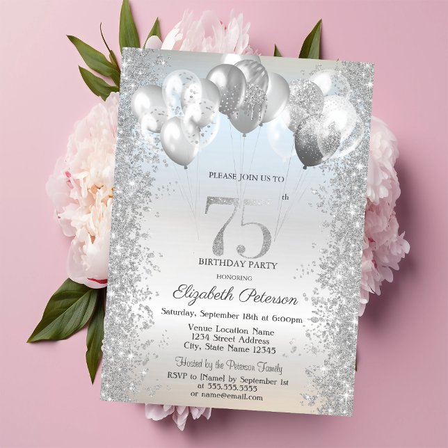 Silver Glitter Konfettiballonger 75-årsdag Inbjudningar (Skapare uppladdad)