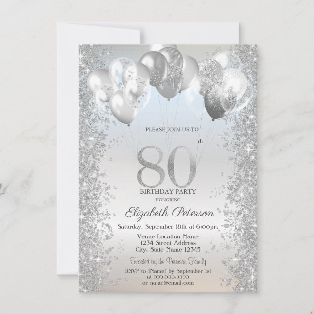 Silver Glitter Konfettiballonger 80-årsdag Inbjudningar (Framsida)