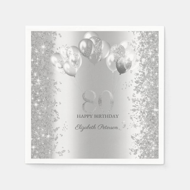 Silver Glitter Konfettiballonger 80-årsdag Pappersservett (Framsidan)