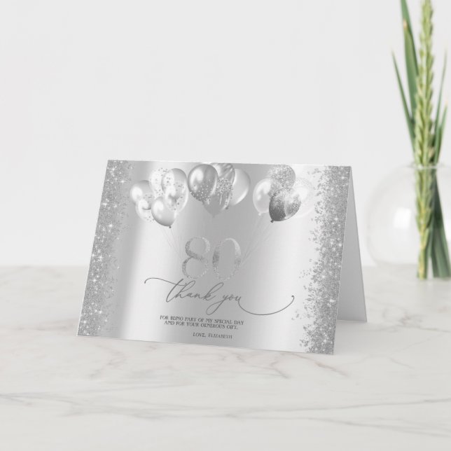 Silver Glitter Konfettiballonger 80-årsdag Tack Kort (Framsida)