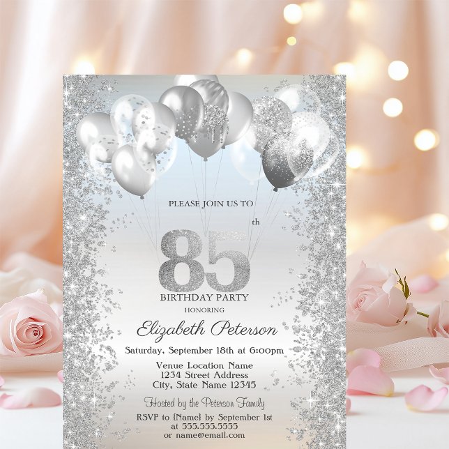 Silver Glitter Konfettiballonger 85-årsdag Inbjudningar (Skapare uppladdad)