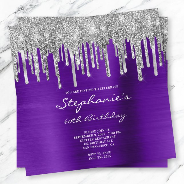 Silver Glitter kör Violet Foil 60:e födelsedagen Inbjudningar (Purple and silver dripping glitter birthday invite.)