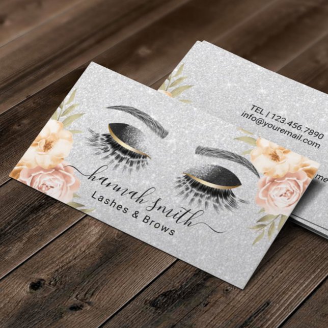 Silver Glitter Lash & Brows Beauty Salon Blommigt Visitkort (Skapare uppladdad)