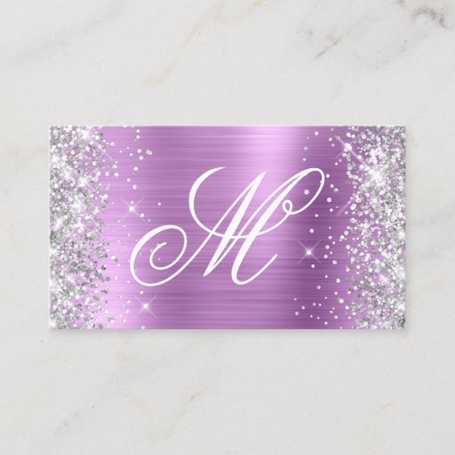 Silver Glitter Lavendel Folie Fancy Monogram Visitkort (Framsida)