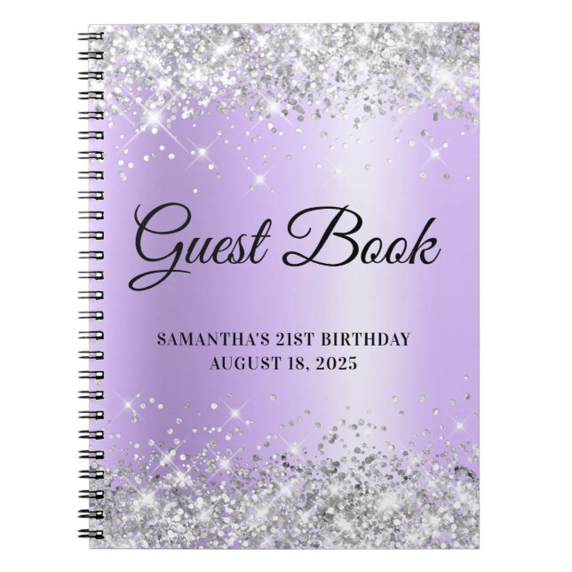 Silver Glitter Lavender 21:a födelsedag Guestbook Anteckningsbok (Framsidan)