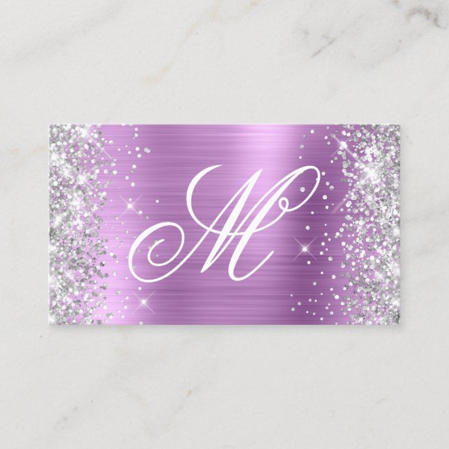 Silver Glitter Lavender Foil Finare Monogrammed Visitkort (Framsida)