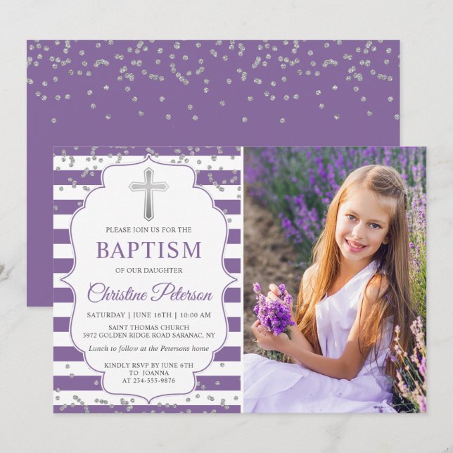 Silver Glitter Lavender Lila Baptism Photo Inbjudningar (Fram/baksida)