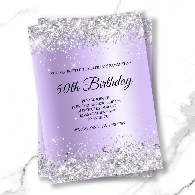 Silver Glitter Lavender Satin Foil 50:e födelsedag Inbjudningar (Silver Glitter Lavender Satin Foil 50th Birthday Invitation)