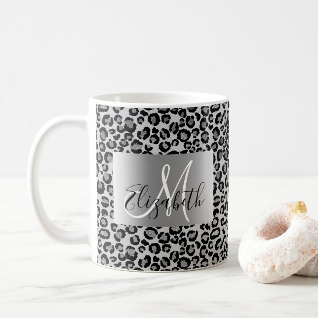 Silver Glitter Leopard Monogram Roligt Kaffemugg (Med munk)