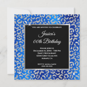 Silver Glitter Leopard Royal Blue Folie Födelsedag Inbjudningar