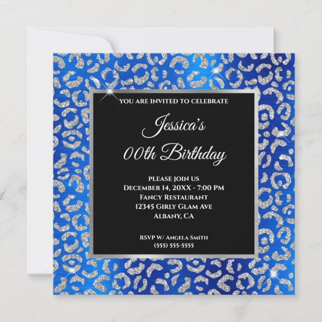 Silver Glitter Leopard-Royalet Blue Foil Birthday Inbjudningar (Framsida)