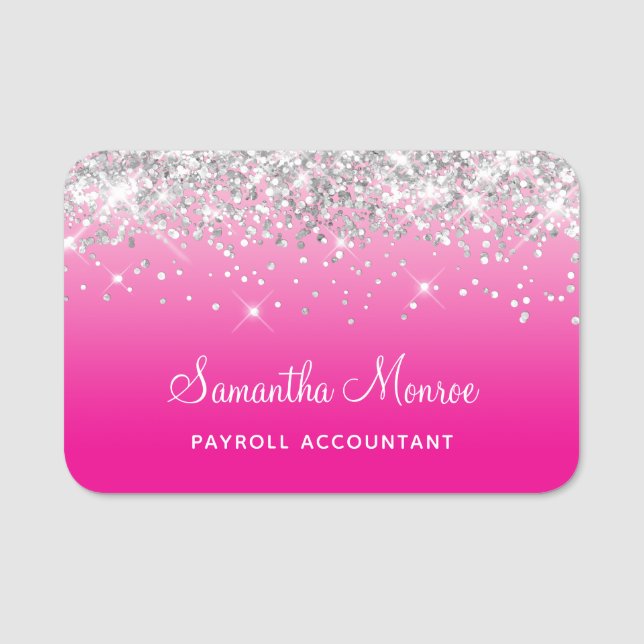 Silver Glitter Light and Hot Pink Ombre Namnbricka (Framsida)