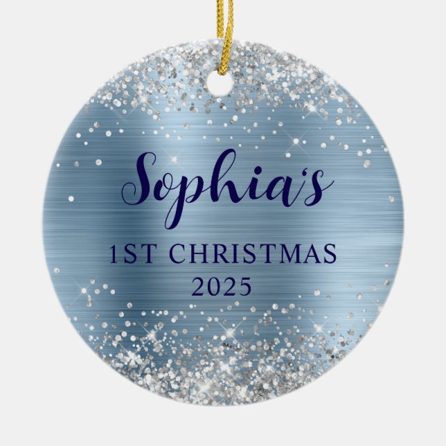 Silver Glitter Light Blue Foil 1st Christmas Photo Julgransprydnad Keramik (Framsidan)