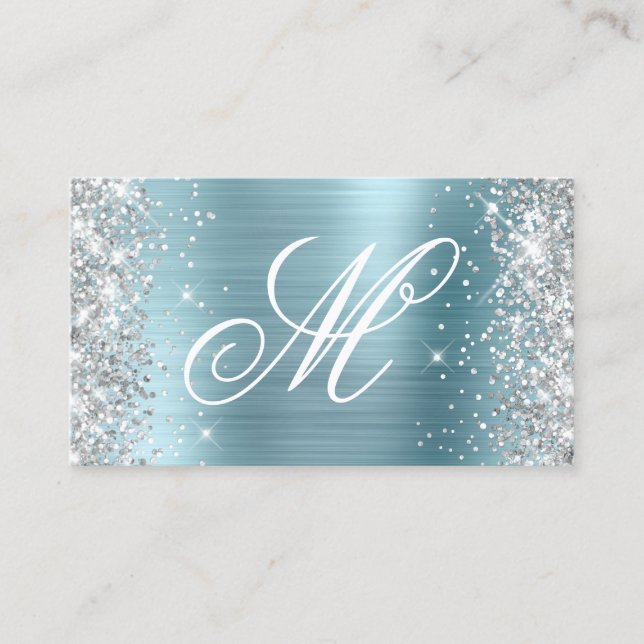 Silver Glitter Light Blue Foil Finare Monogramme Visitkort (Framsida)