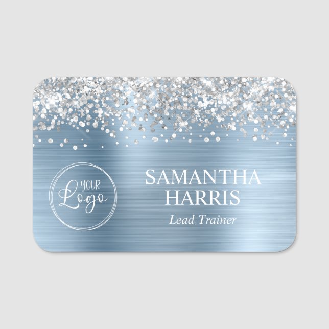 Silver Glitter Light Blue Foil Logo Title Namnbricka (Framsida)