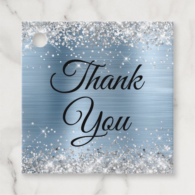 Silver Glitter Light Blue Foil Tack Gåvor Etiketter (Framsida)