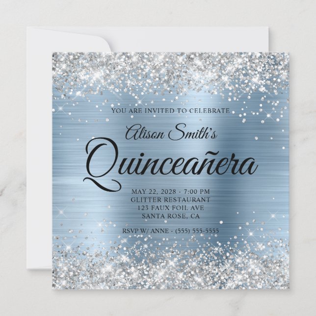 Silver Glitter Light Blue Monogram Quinceanera Inbjudningar (Framsida)