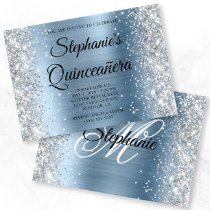 Silver Glitter Light Blue Monogram Quinceanera Inbjudningar