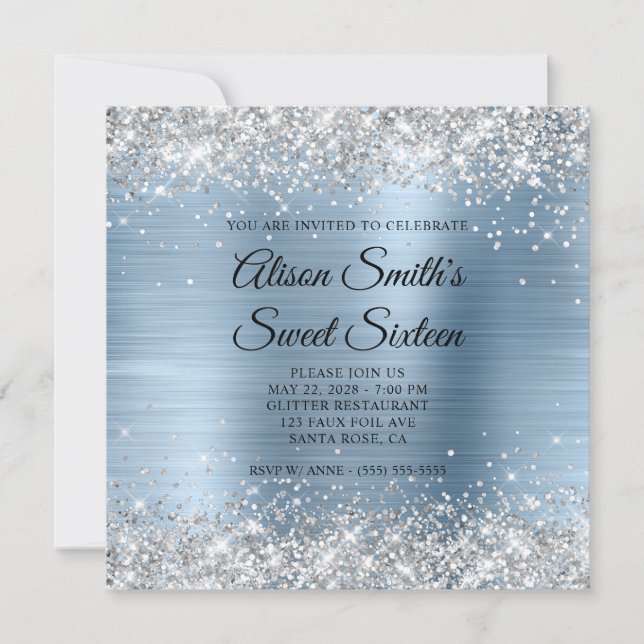 Silver Glitter Light Blue Monogram Sweet sixteen Inbjudningar (Framsida)