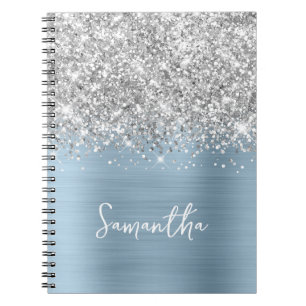 Silver Glitter Light Dusty Blue Glam skript Namn Anteckningsbok