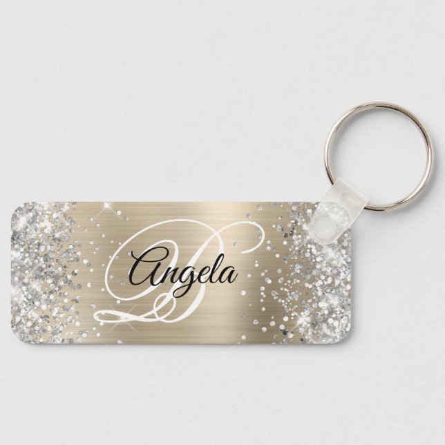 Silver Glitter Light Gold Foil Finare Monogram Nyckelring (Framsida)