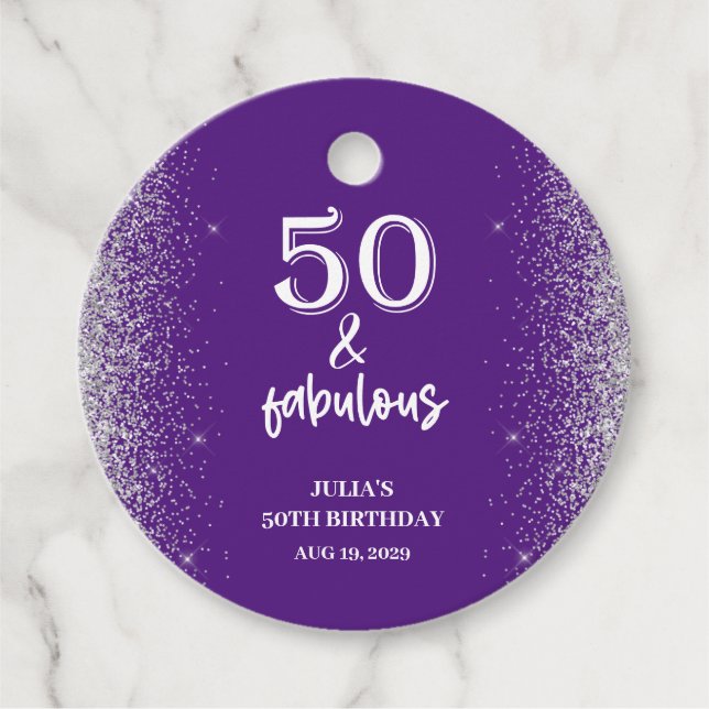 Silver Glitter Lila 50:e Födelsedagsfesten Gåvor Etiketter (Framsida)