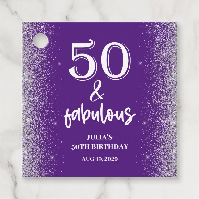 Silver Glitter Lila 50:e Födelsedagsfesten Gåvor Etiketter (Framsida)