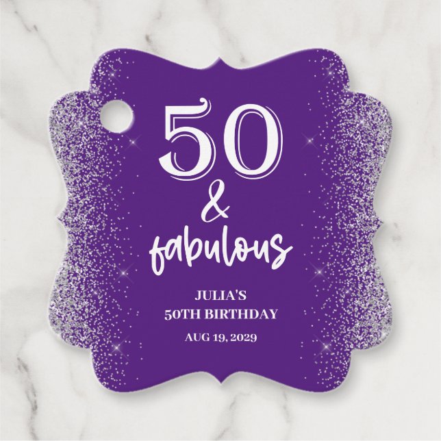 Silver Glitter Lila 50:e Födelsedagsfesten Gåvor Etiketter (Framsida)