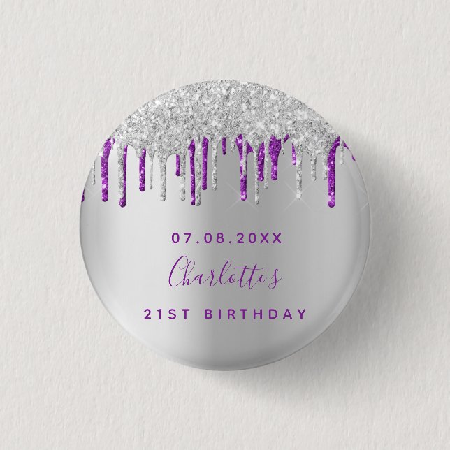 Silver glitter lila anpassningsbar vid födelsedag, knapp (Framsida)