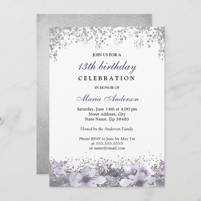 Silver Glitter Lila Blommigt 13:e födelsedag Inbju Inbjudningar (Fram/baksida)