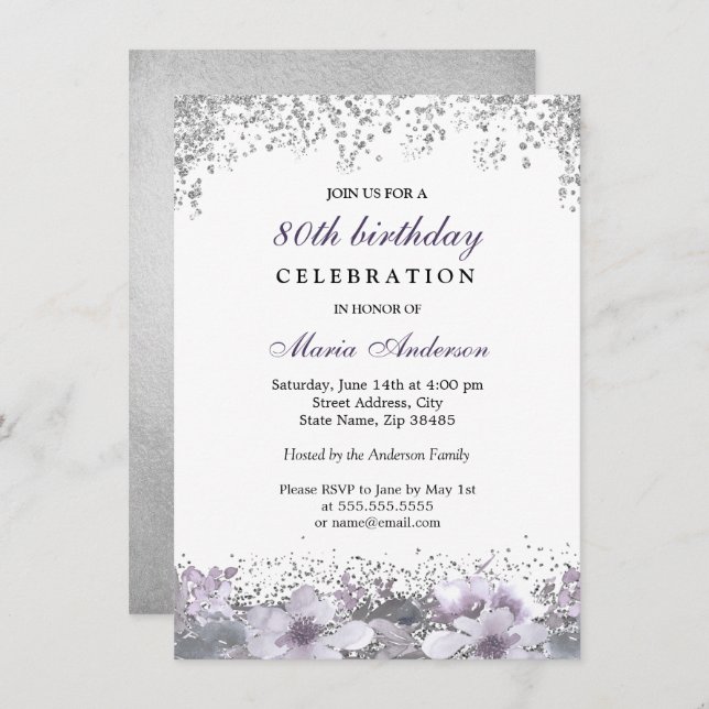 Silver Glitter Lila Blommigt 80:e födelsedag Inbju Inbjudningar (Fram/baksida)