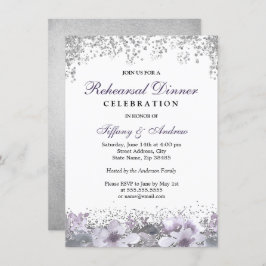 Silver Glitter Lila Blommigt Rehearsal Dinner Inbjudningar