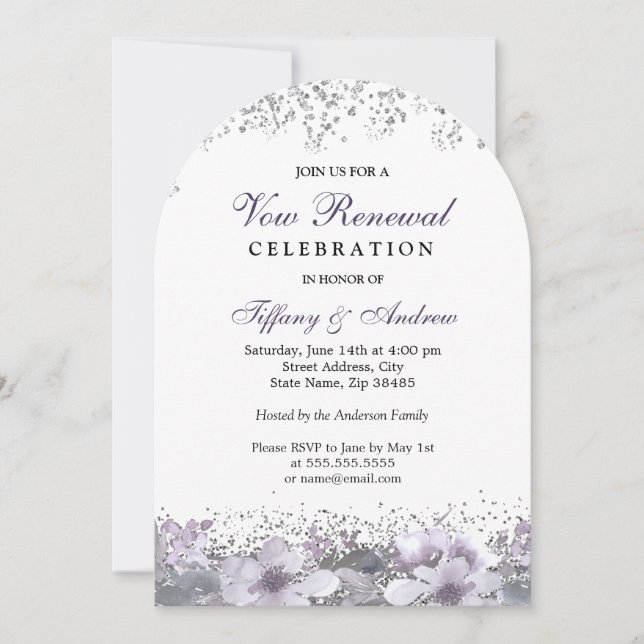 Silver Glitter Lila Blommigt Vow Renewal Arch Inbjudningar (Framsida)