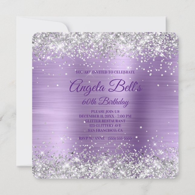 Silver Glitter Lila Brushed Foil 60 Birthday Inbjudningar (Baksida)