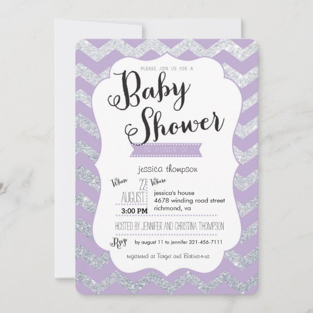 Silver Glitter & Lila Chevron Baby Shower Inbjudan (Framsida)